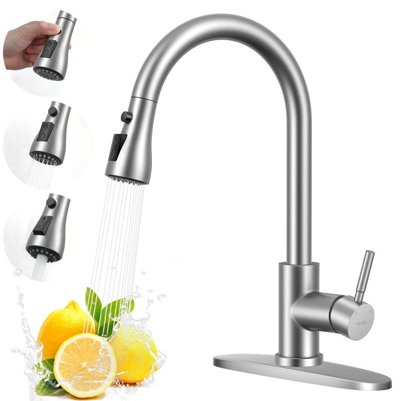 Arofa Kitchen Faucet with Pull Down Sprayer, Brushed Nickel Kitchen Sink Faucet Single Handle Stainless Steel for 1 or 3 Hole Farmhouse Laundry Utility Rv Bar Sinks - Image 1